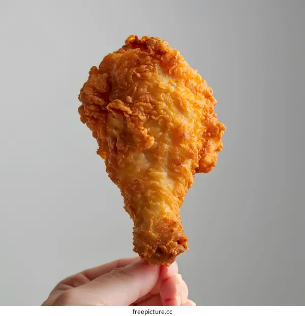 Crispy Fried Chicken Drumstick Held Up Against Gray Background