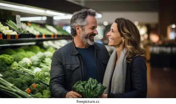 Happy couple grocery shopping together