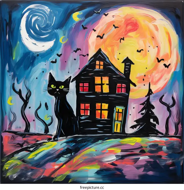 A black cat sits in front of a haunted house on Halloween night