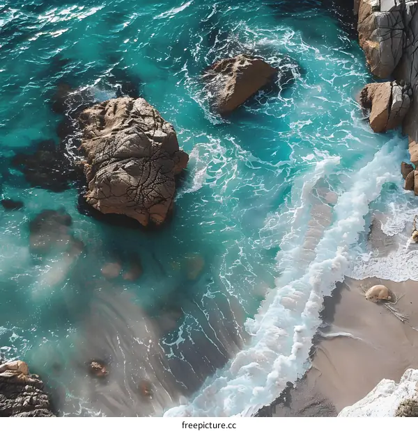 Aerial View of Clear Blue Ocean Water with Rocks and Waves