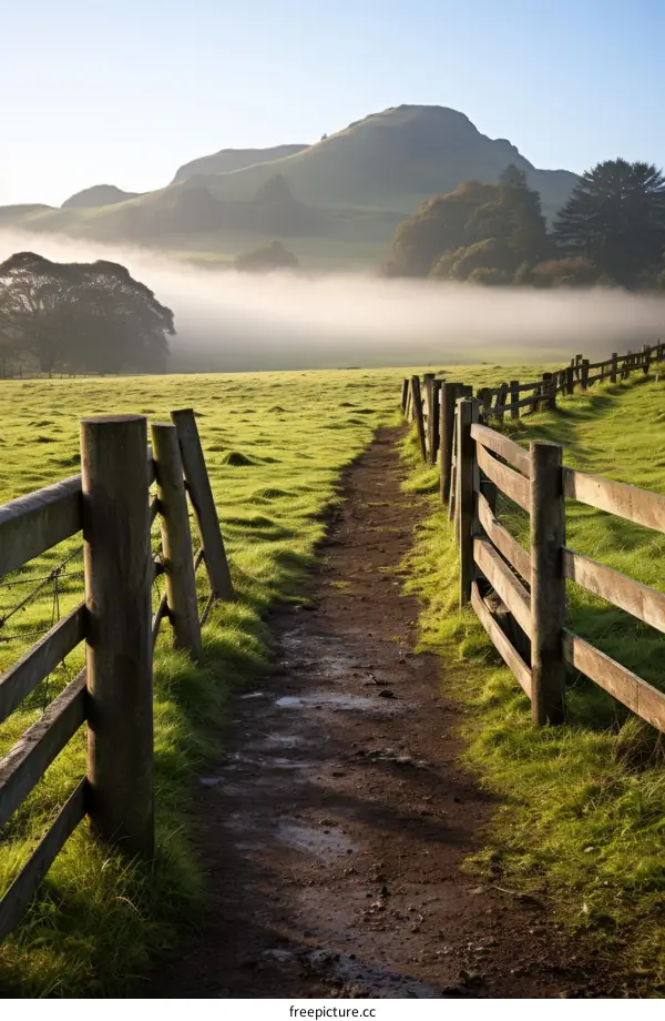 Countryside Field with Wooden Fence and Distant Hill