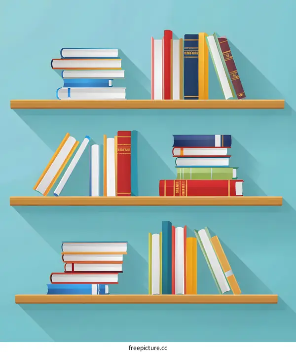 Bookshelf with Different Colored Books and Long Shadows