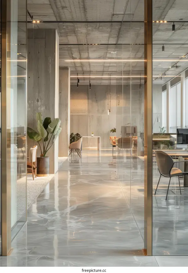 Modern Office Space with Glass Walls and Marble Floors