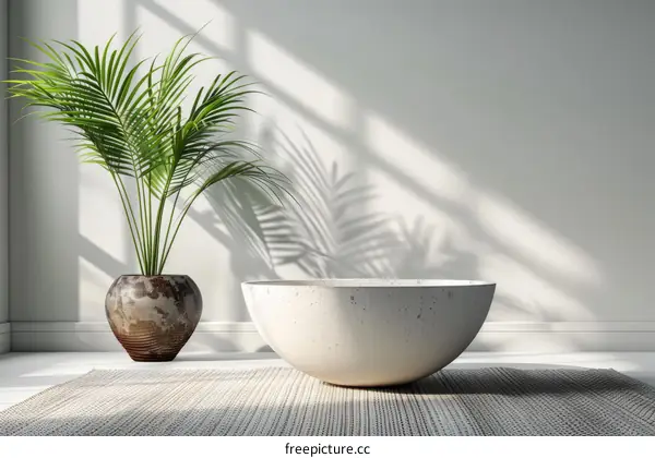 Neutral Interior Design with Large Bowl by Palm Tree