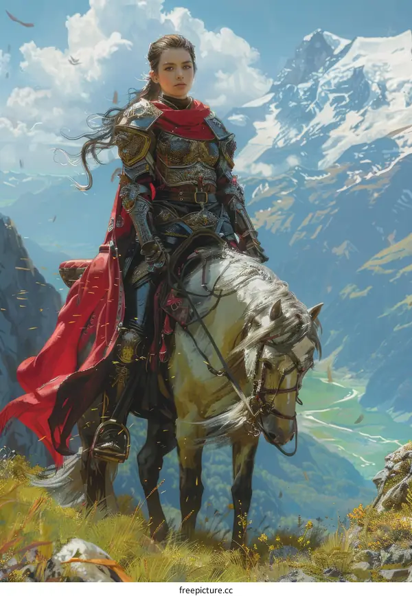 Knight in Armor Charging on White Horse in Mountain Valley