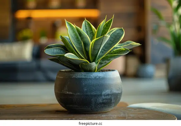 A beautiful snake plant in a ceramic pot sits on a wooden table.