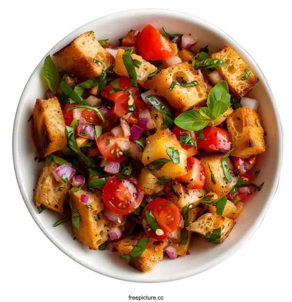 [Transparent Background PNG]Top view of a bowl of traditional italian bruschetta salad with tomatoes, basil and bread