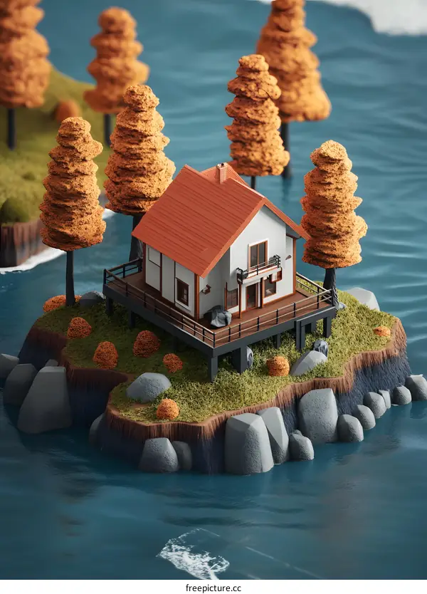 Low Poly 3D Rendered House on a Small Island in the Middle of a Lake