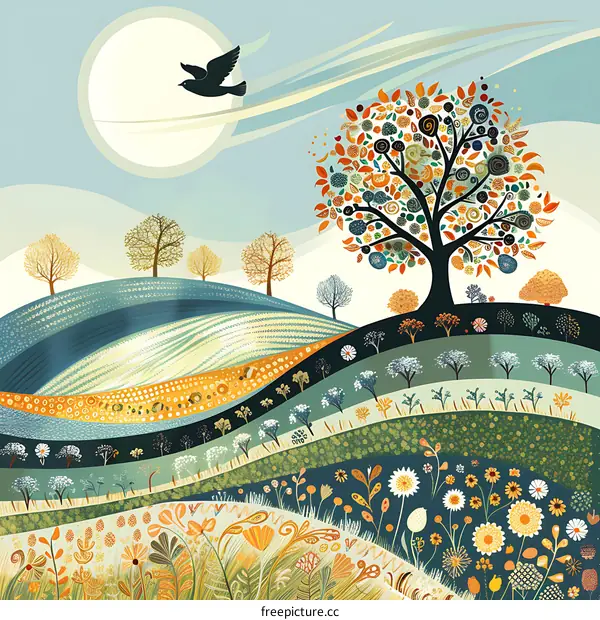 Colorful Abstract Landscape with Bird