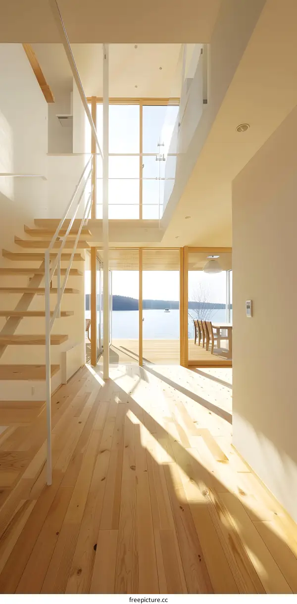 Modern Home Interior Design with Wooden Floor and Large Windows Offering Water View