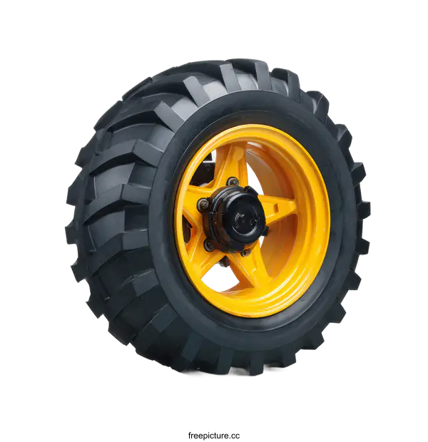 [Transparent Background PNG]Black Off-Road Tractor Wheel with Yellow Rim and Deep Treads