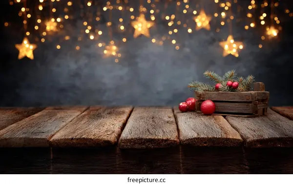 Christmas Wooden Tabletop Decorated with Lights and Ornaments