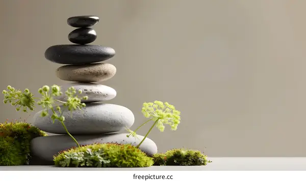 Stacked Stones With Green Plants on White Background