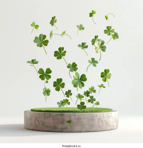 Realistic Three-Dimensional Clovers Over White Concrete Pedestal