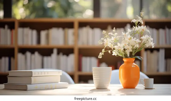 Orange Vase of Flowers on Wooden Table in Front of Bookshelf