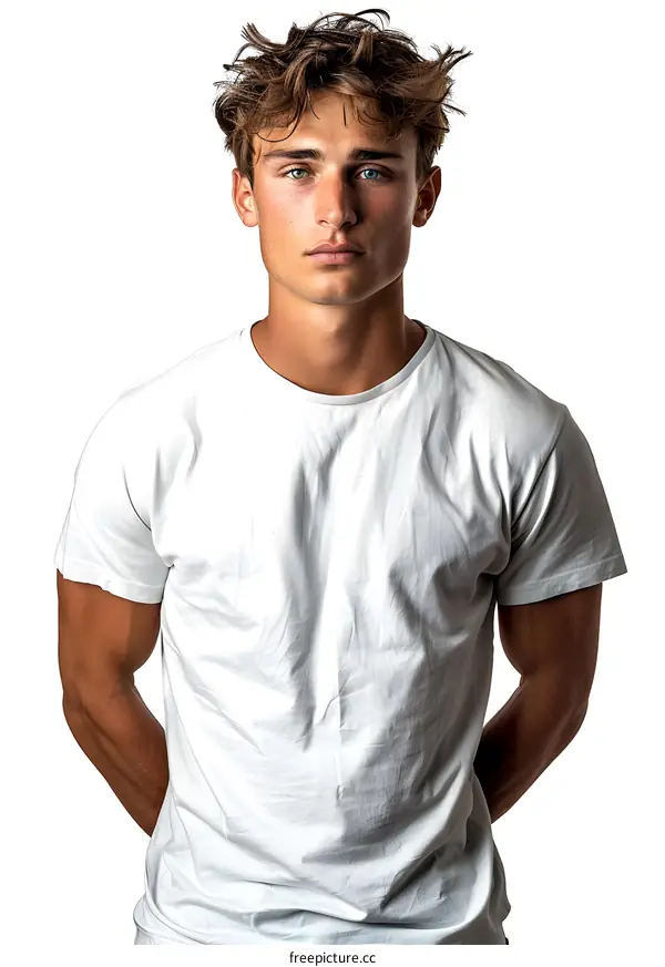 Portrait of a young male model with blue eyes and brown hair wearing a white shirt