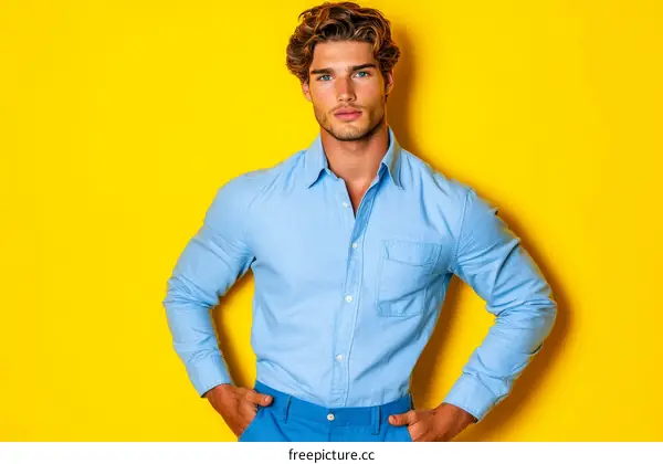 Handsome Man in Light Blue Shirt against Yellow Background