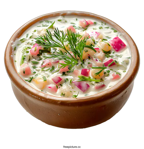 [Transparent Background PNG]A bowl of okroshka, a cold soup made with kvass, vegetables, and meat