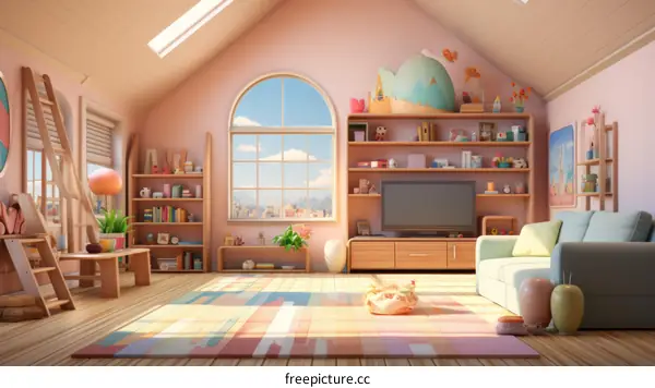 A cozy living room with a large window, a pink sofa, and a colorful rug