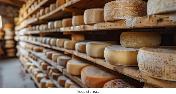 Aged hard cheeses on wooden shelves in a warehouse