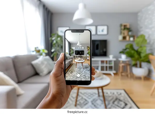 Hand Holding Smartphone Taking Photo of Living Room Interior