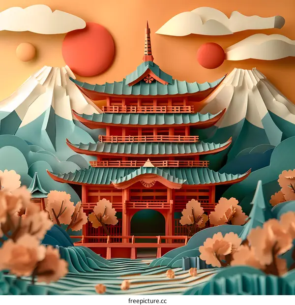A paper cut illustration of a Japanese temple with peach blossom