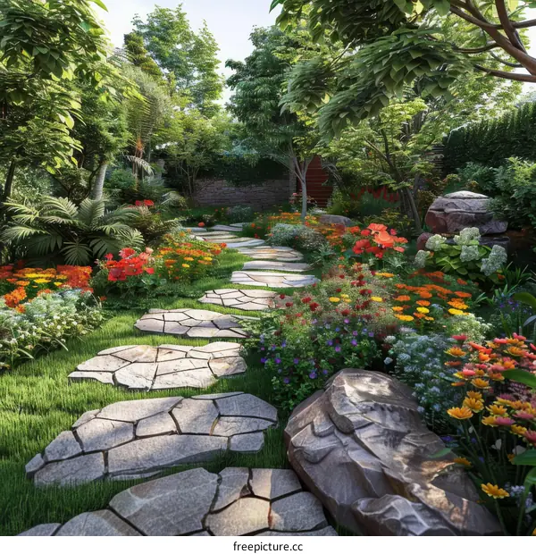 Stone path through lush greenery