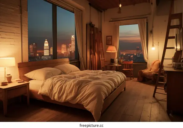 Cozy Nighttime Bedroom with City View