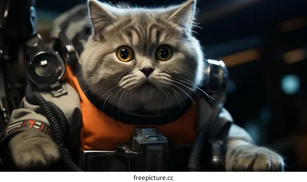 A gray cat wearing an orange spacesuit is sitting in a dark room.