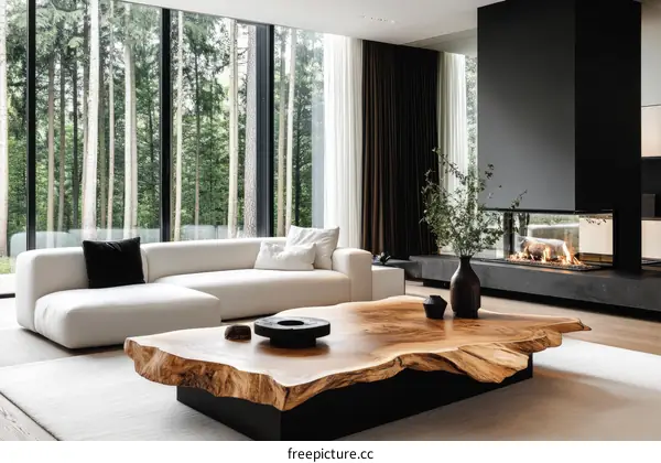 Modern Minimalist Living Room with Large Windows and Wooden Coffee Table