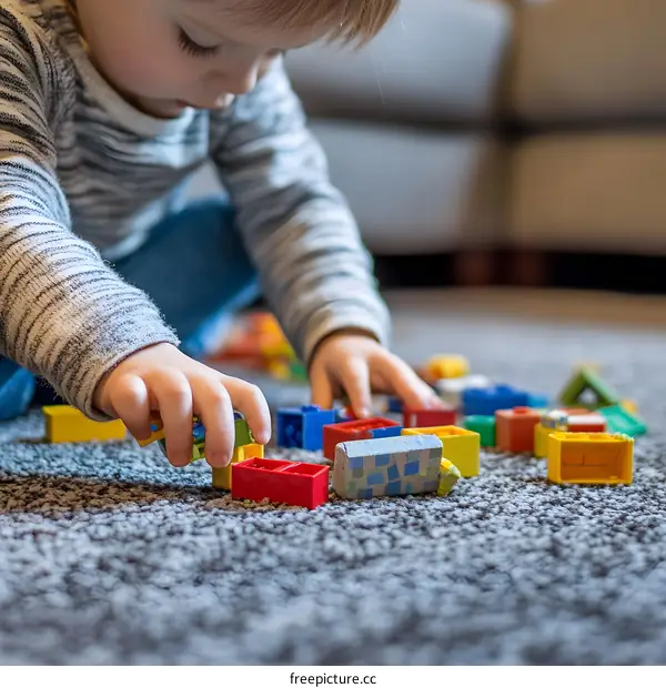 Child Playing with Colorful Building Blocks on a Carpet
