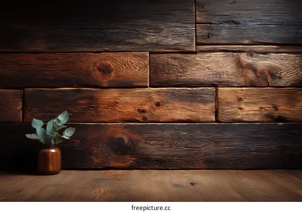 Rustic Wooden Wall Background with Eucalyptus