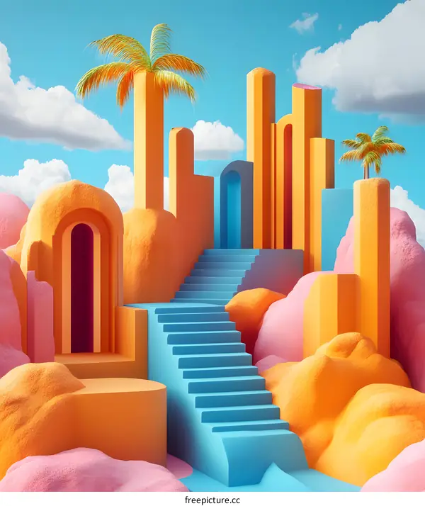 Abstract 3D Surreal Landscape With Colorful Buildings And Palm Trees