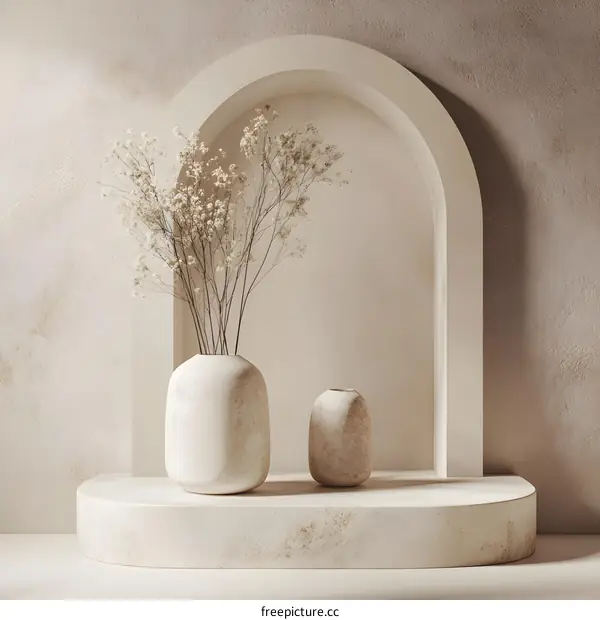 Minimalist Beige Interior Design with White Flower Vases and Archway