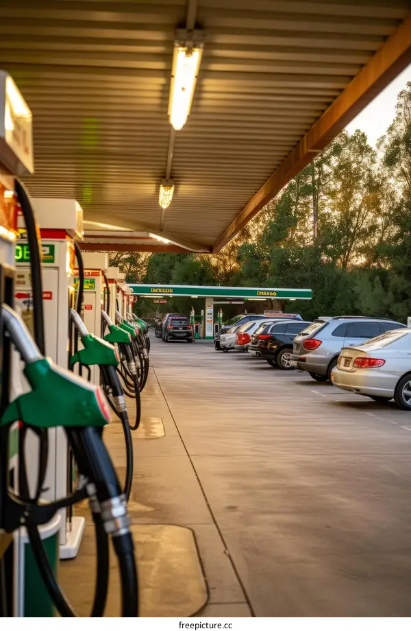 Gas station pumps and cars