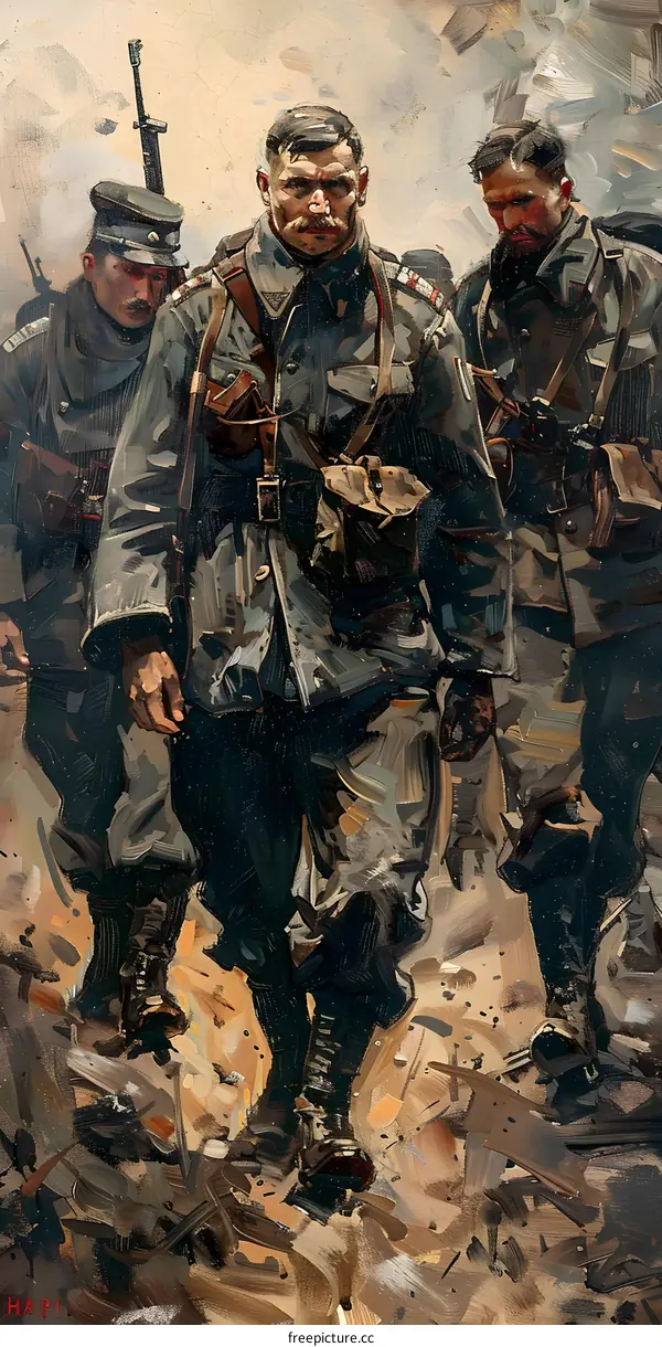 Three soldiers in the field during the first world war