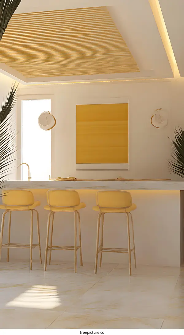 Minimalist Kitchen Design With Yellow Stools and White Wall