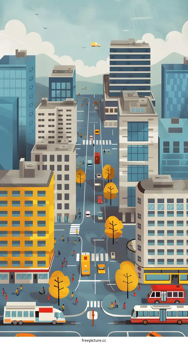 Cityscape Illustration with People and Vehicles