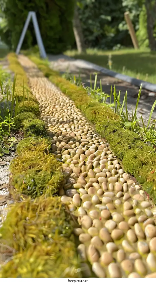 Stone Pathway Through Green Grass and Moss