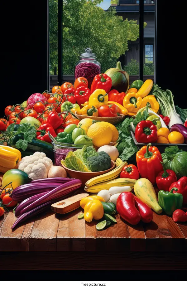 Abundant Fresh Fruits and Vegetables on a Table