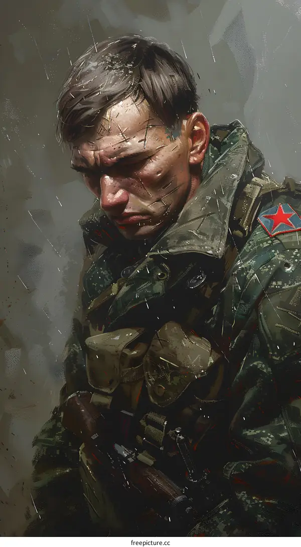 Portrait of a Weathered Soldier in the Rain