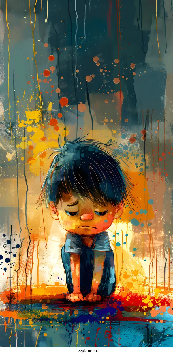 Sad Boy with Colorful Splashes Abstract Art