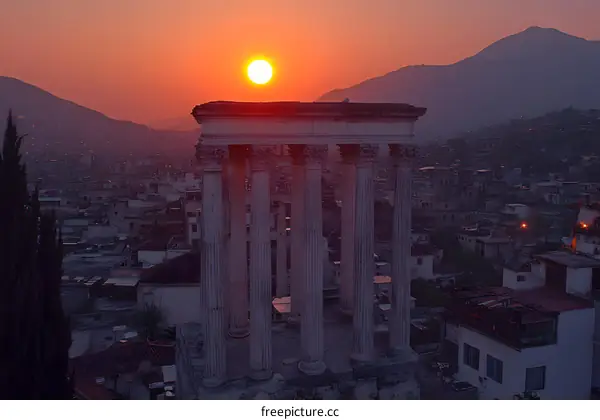 Ancient Ruins at Sunset Overlooking City