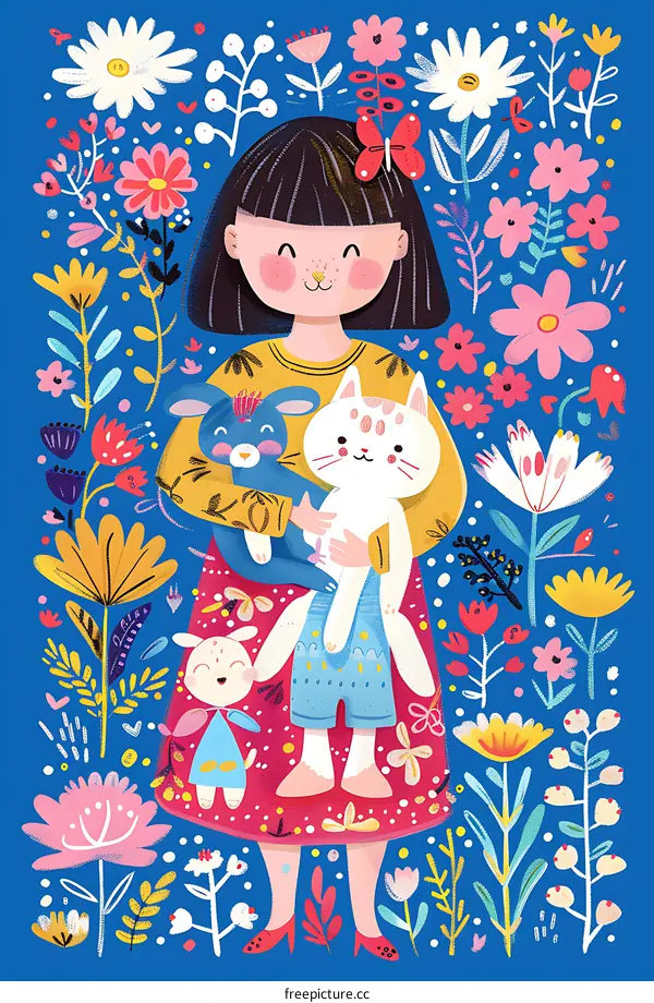 Girl with Three Animals in a Garden of Flowers
