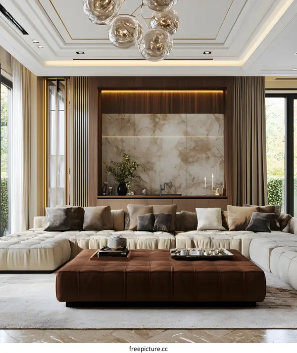 Modern Living Room Interior Design with Beige Sofa and Brown Ottoman