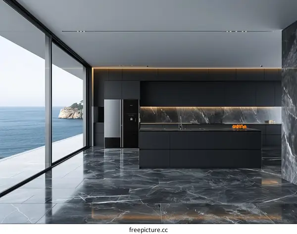 Black marble modern kitchen with island and sea view