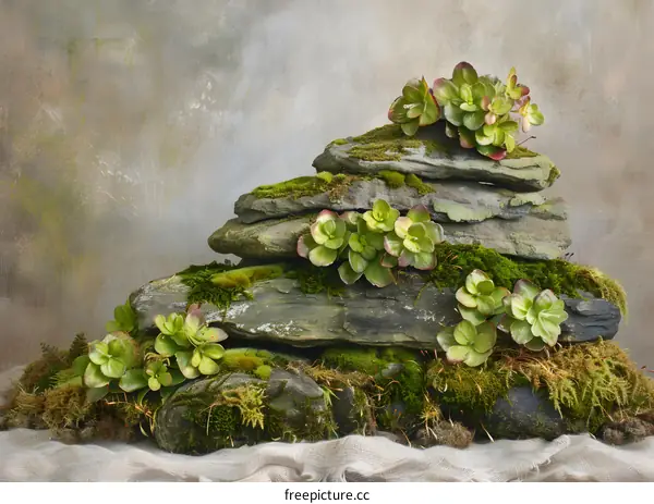 Green Succulents on Stack of Rocks with Moss