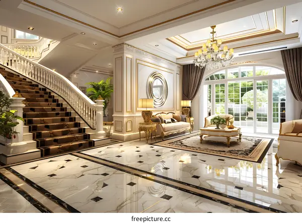 Staircase and living room in a luxury house with marble floor and crystal chandelier