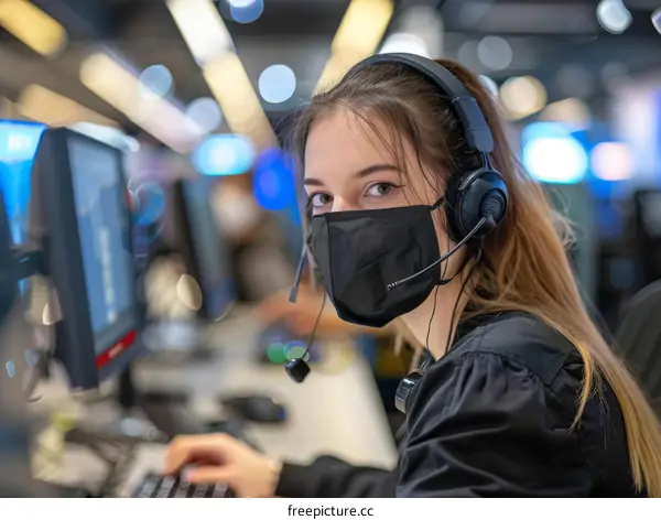 Portrait of a young female call center employee wearing a facial mask and headphones while working.