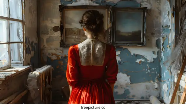 Woman in Red Dress Standing in Front of Paintings in Abandoned Building